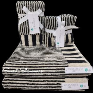 8pc Kassa Spa Tan & Black Stripe Plush Bath Hand Washcloth Towel Set 100% Cotton